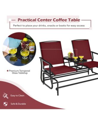 2-Person Double Rocking Loveseat with Mesh Fabric and Center Tempered Glass Table
