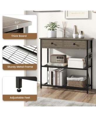 Narrow Console Table with 2 Drawers and 2 Metal Mesh Shelves