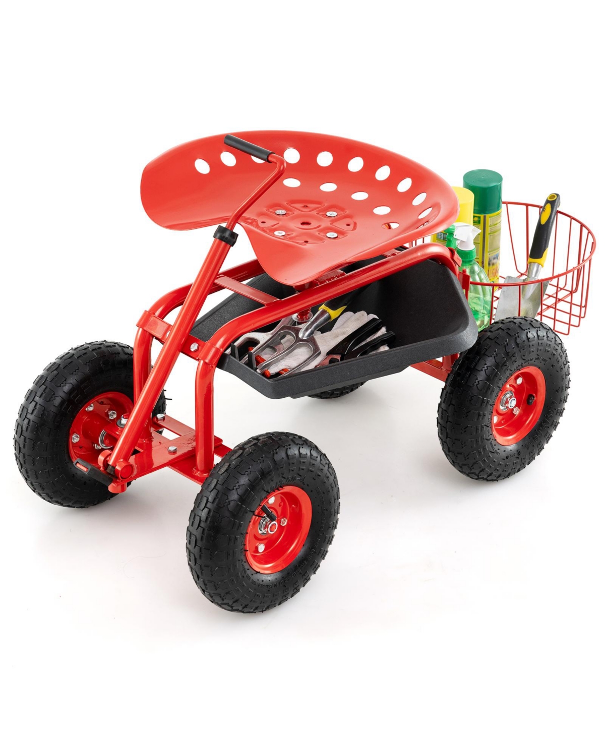 Extendable Handle Garden Cart Rolling Wagon Scooter - Red