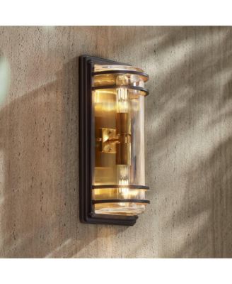Habitat Modern Industrial Outdoor Wall Light Fixtures Set of 2 Bronze Brass 16" Clear Glass for Post Exterior Barn Deck