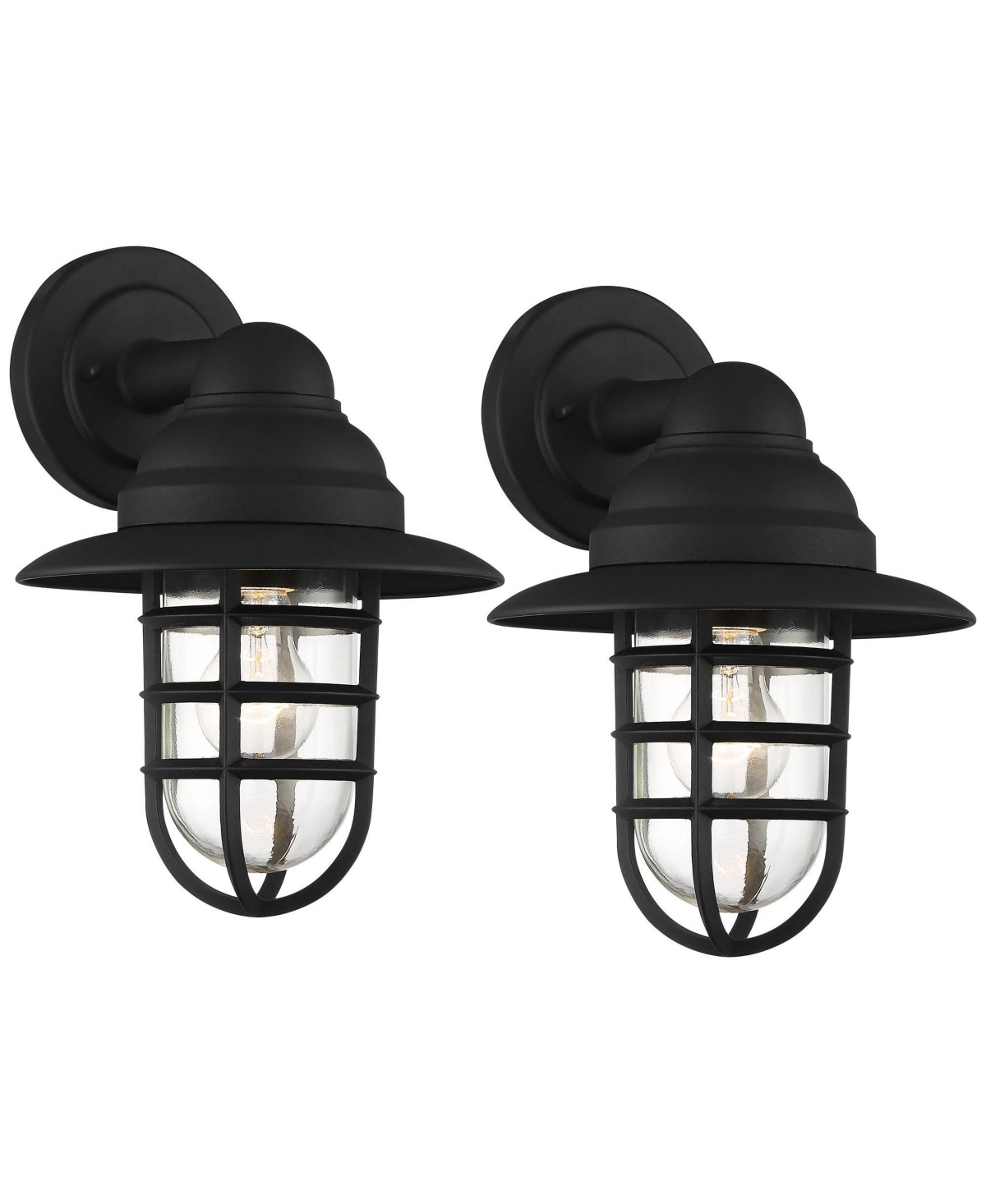 Marlowe Rustic Industrial Nautical Outdoor Wall Light Fixtures Set of 2 Black Hooded Cage 13&#x22; Clear Glass for Post Exterior Barn Deck House Home