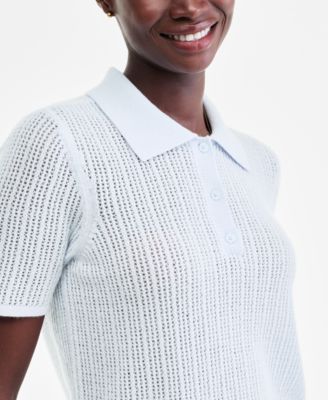 Women's 100% Cashmere Short-Sleeve Pointelle Polo Sweater, Macy's Exclusive