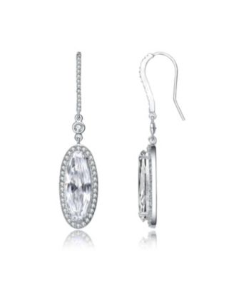 Sterling Silver White Gold Plating with Clear Cubic Zirconia Halo Dangle Earrings