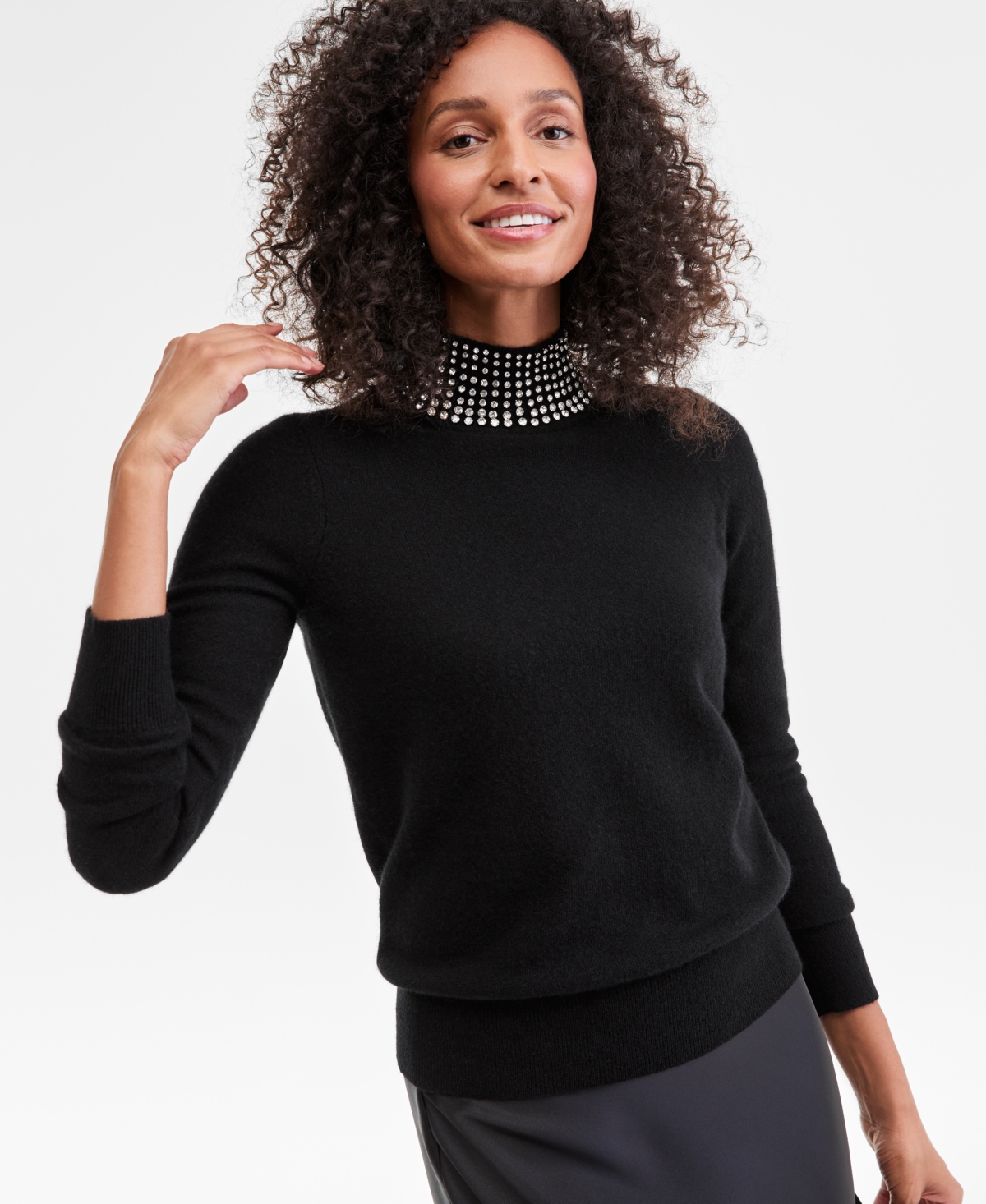 Charter Club Women's 100% Cashmere Rhinestone Mock Neck Sweater, Macy's Exclusive In Black