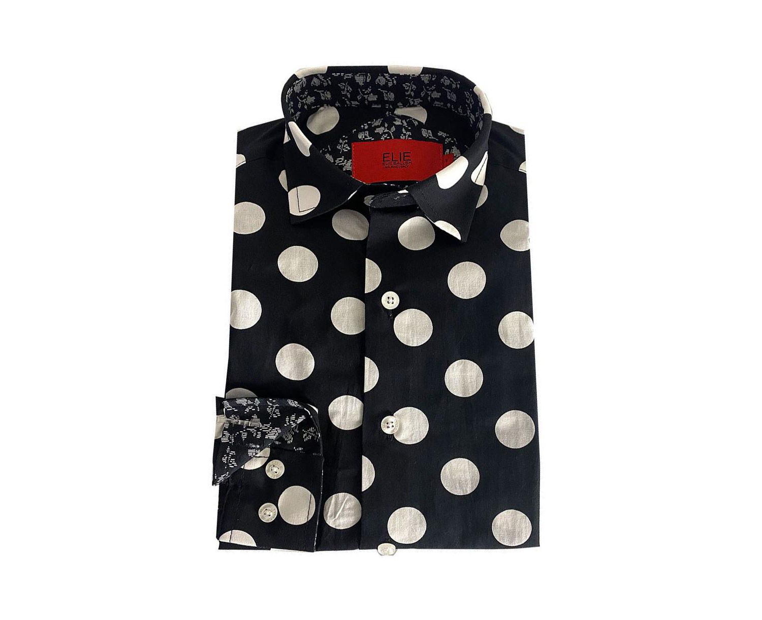 Little Boys Black Long Sleeve Navy Polka Dot Slim Fit Shirt