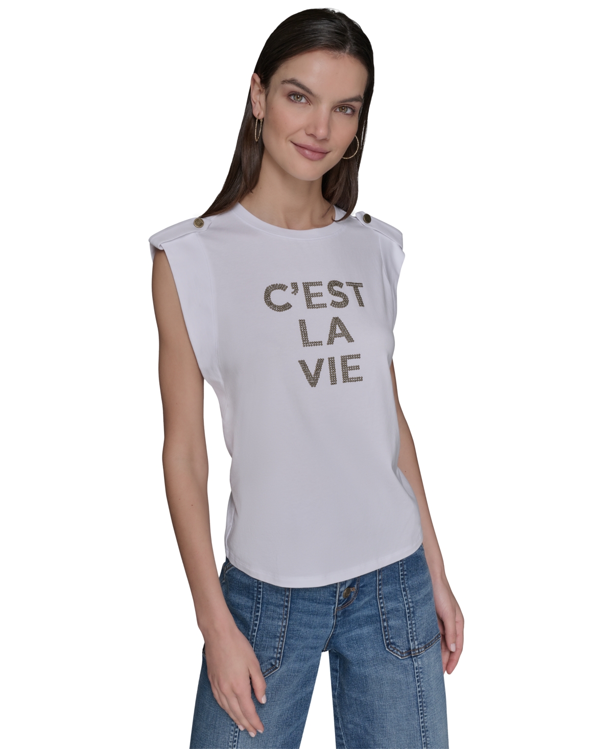 Karl Lagerfeld Plus Size C'est La Vie Extended-shoulder Top In White