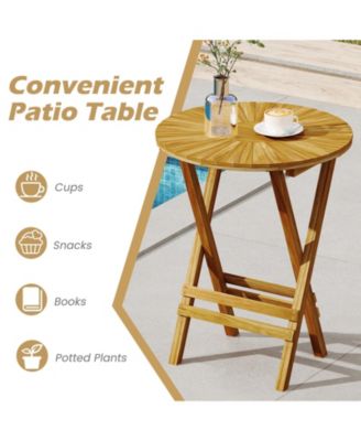Patio Folding Side Table Teak Wood Round End Table with Slatted Tabletop and X-Shaped Frame