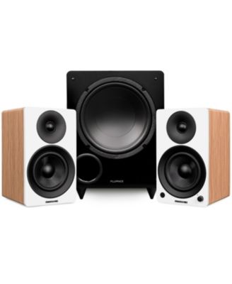 Ai41 Powered 5" Stereo Bookshelf Speakers (White), DB10 10" Powered Subwoofer (Walnut), 15ft RCA Subwoofer Cable