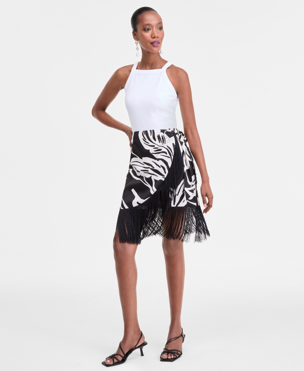 Women's Printed Fringe Skirt, Exclusively at Macy's - Sora Leaf- Blk
