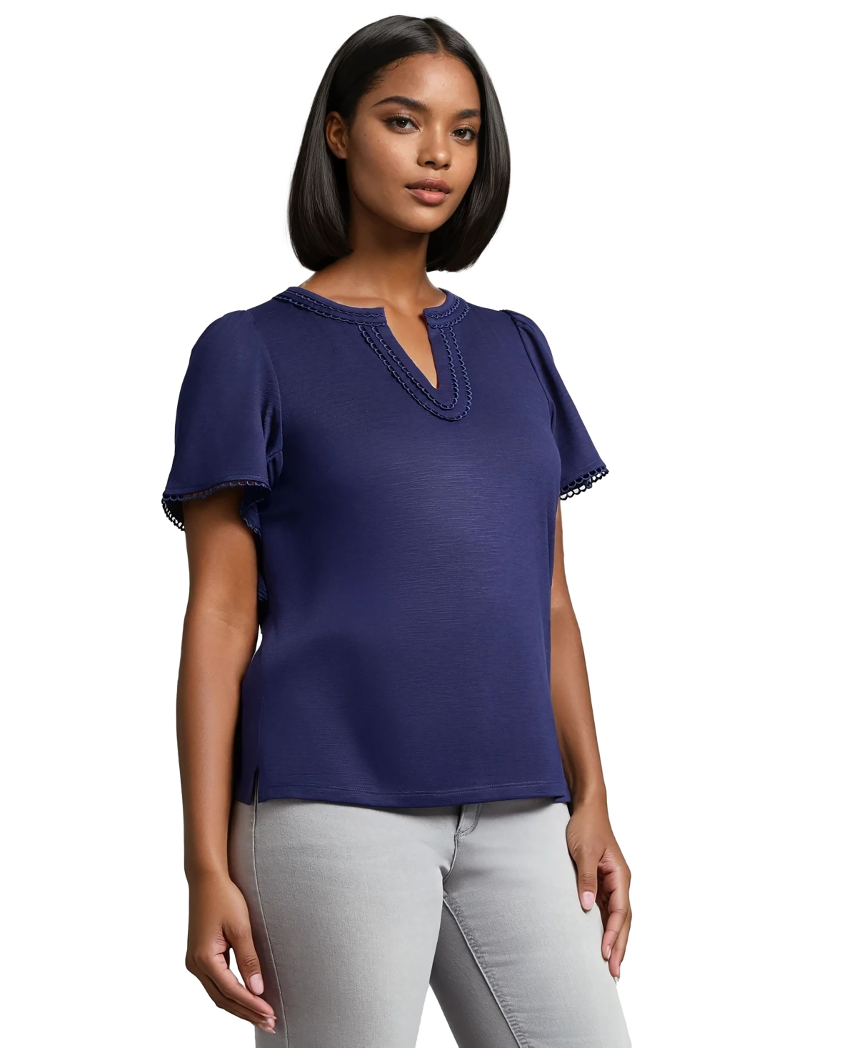 Jones New York Womens Drapey Split Neck Short Sleeve Top Xs Pxl In Blue