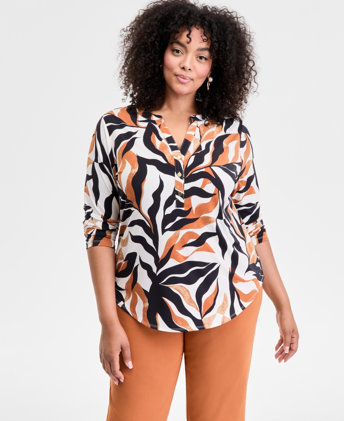 Plus Size Printed V-Neck Top, Exclusively at Macy's - Mira Palm Brn