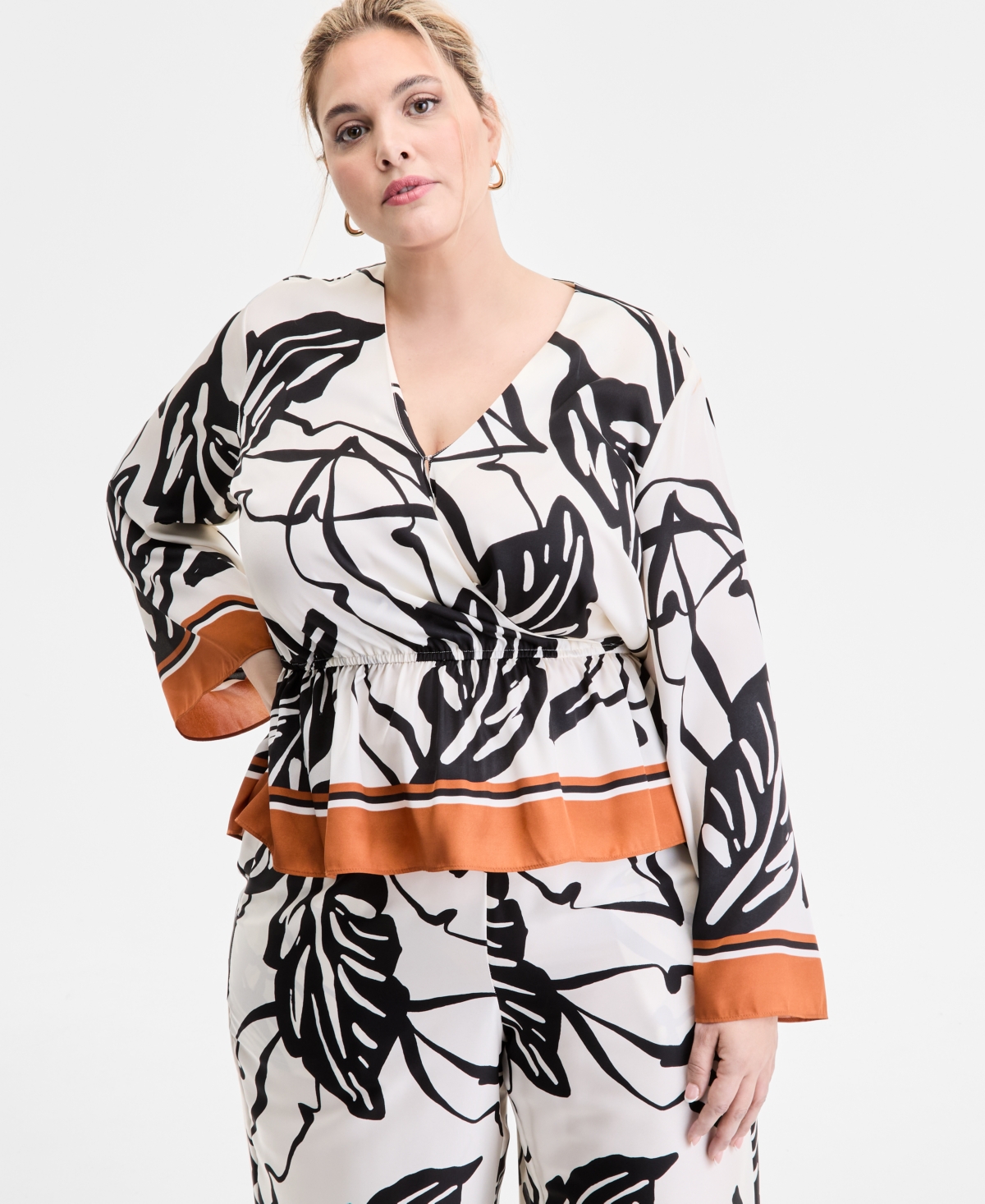 I.n.c. International Concepts Plus Size Printed Peplum Top, Exclusively at Macy's - Sira Border