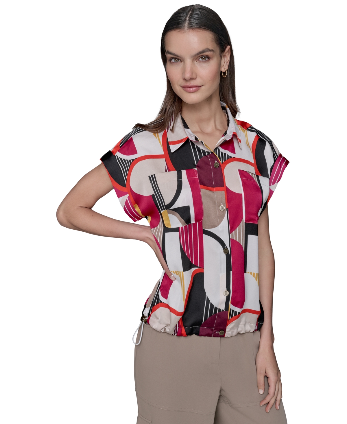 Petite Floral-Print Drawcord-Hem Blouse - Cream/Black