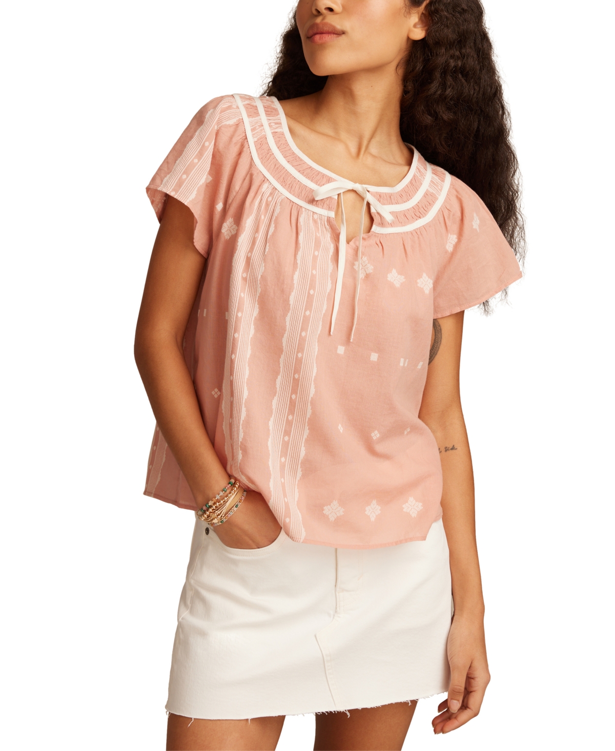 LUCKY BRAND SHORT SLEEVE PEASANT BLOUSE 