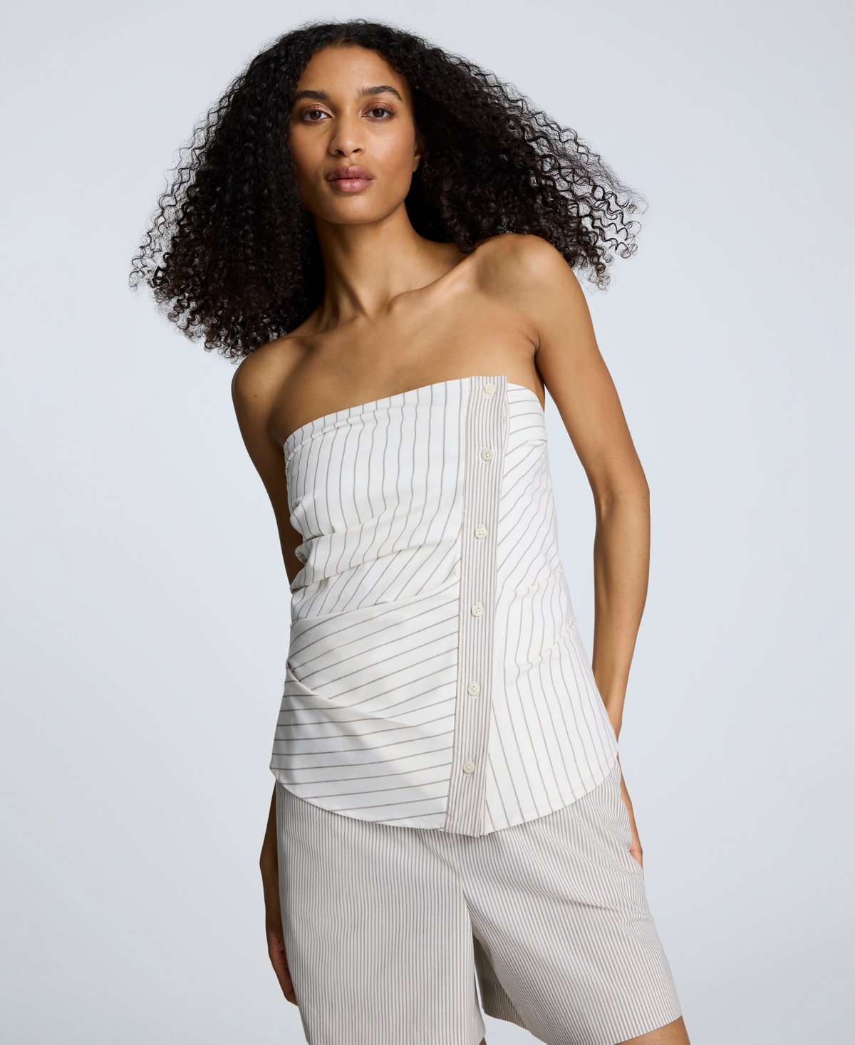 Women's Strapless Fitted Side-Pleat Top - Pure White/beige Bronze