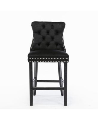 Contemporary Tufted Velvet Barstools with Wooden Legs (Black), Set of 2
