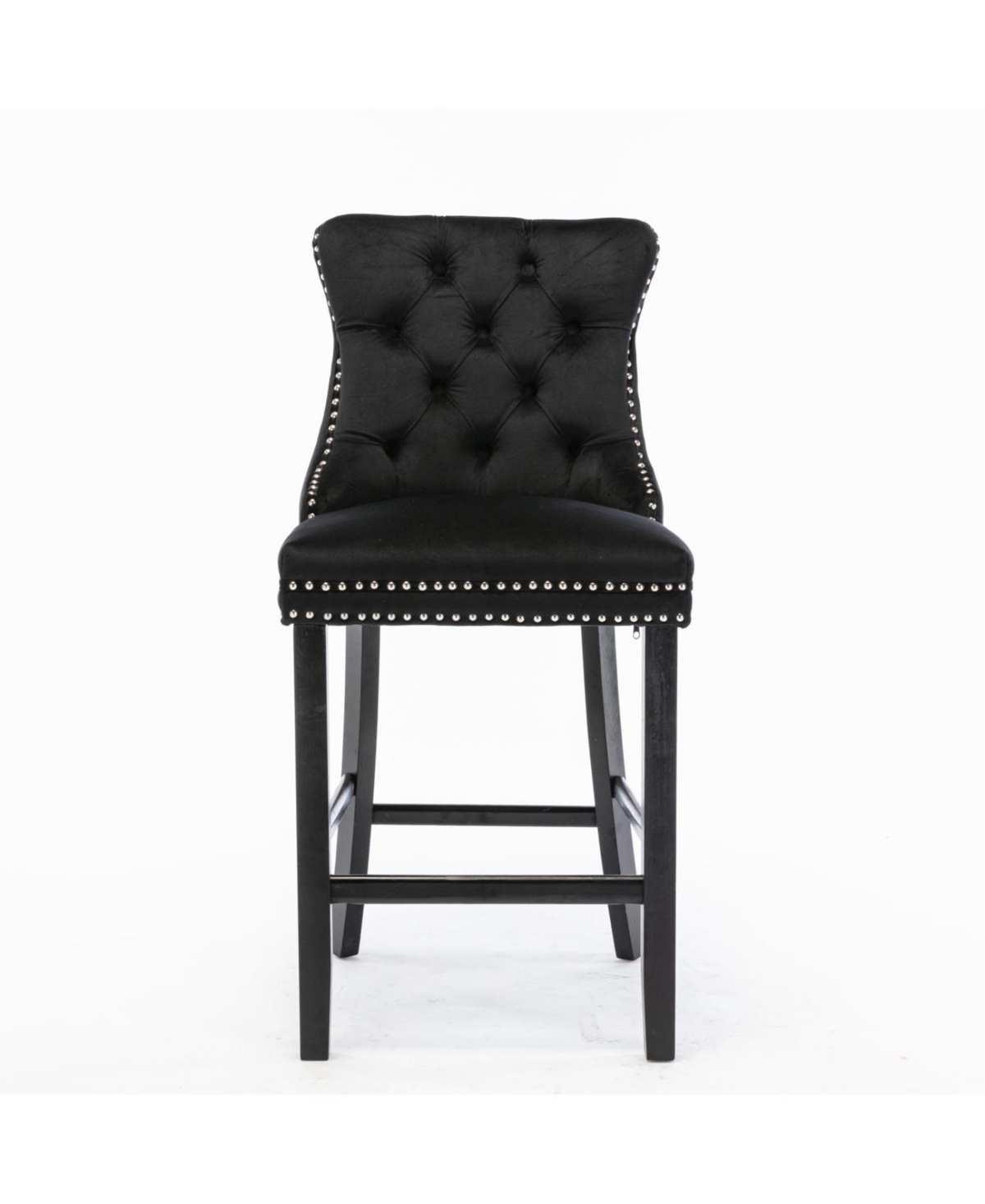 Contemporary Tufted Velvet Barstools with Wooden Legs (Black), Set of 2