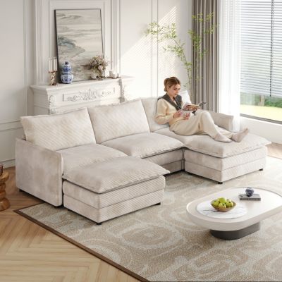  Corduroy 3-Seater Cloud Couch with Footrests & Cushions