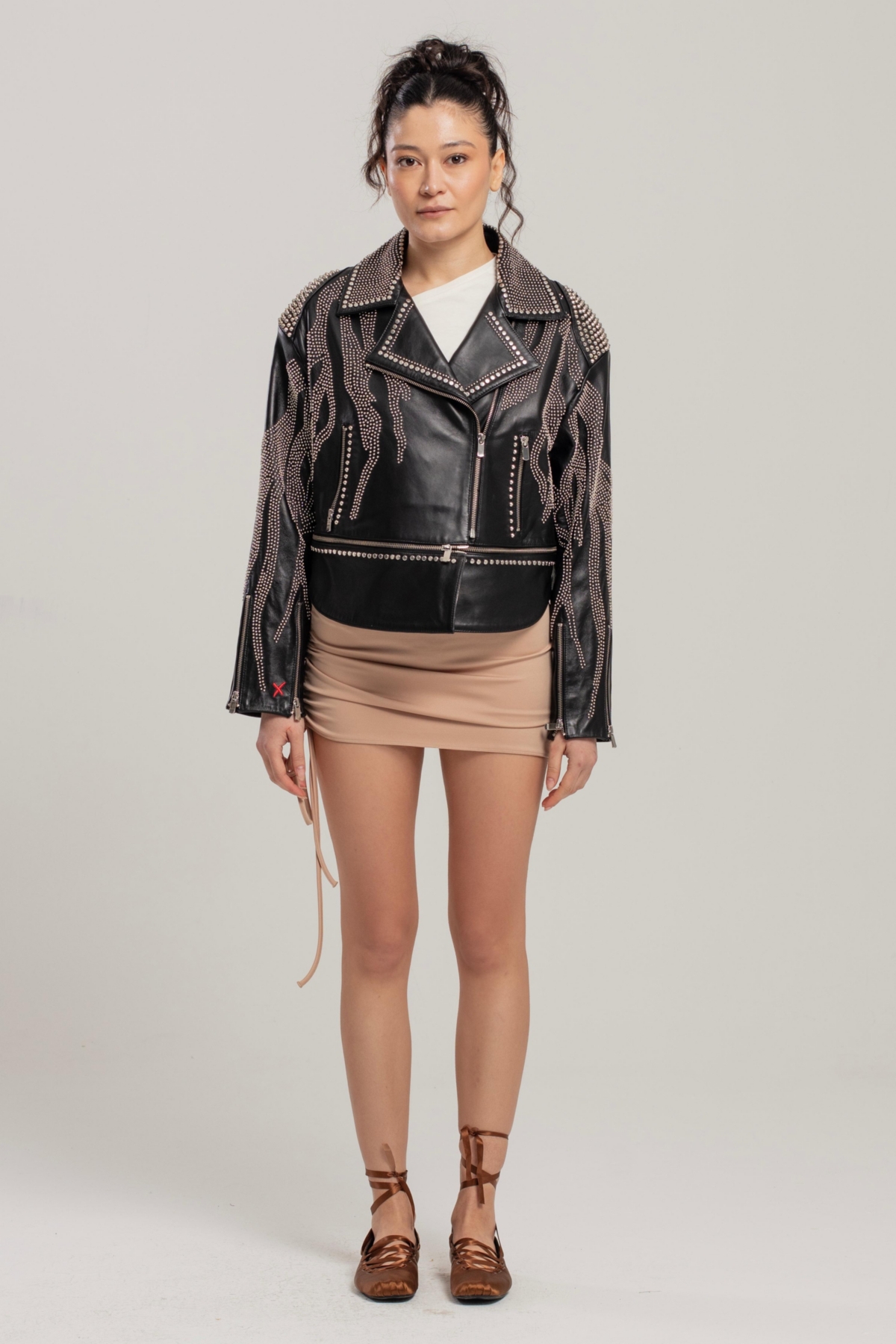 Women's Leather Jacket Stud Rocks Details - Black