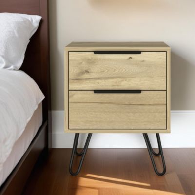 Two Drawer Nightstand in Faux Wood Finish for Bedside or Living Room
