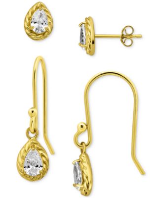 2-Pc. Set Cubic Zirconia Pear-Shaped Stud & Drop Earrings in 18k Yellow Gold over Sterling Silver, Exclusively at Macy's