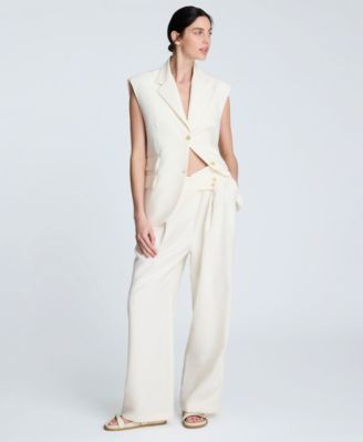 Womens Luxe Twill Triple Pocket Vest Crisscross Front Pleated Wide Leg Pants