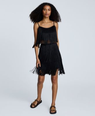 Womens Fringe Cropped Camisole Top Tiered Fringe Back Zip Skirt