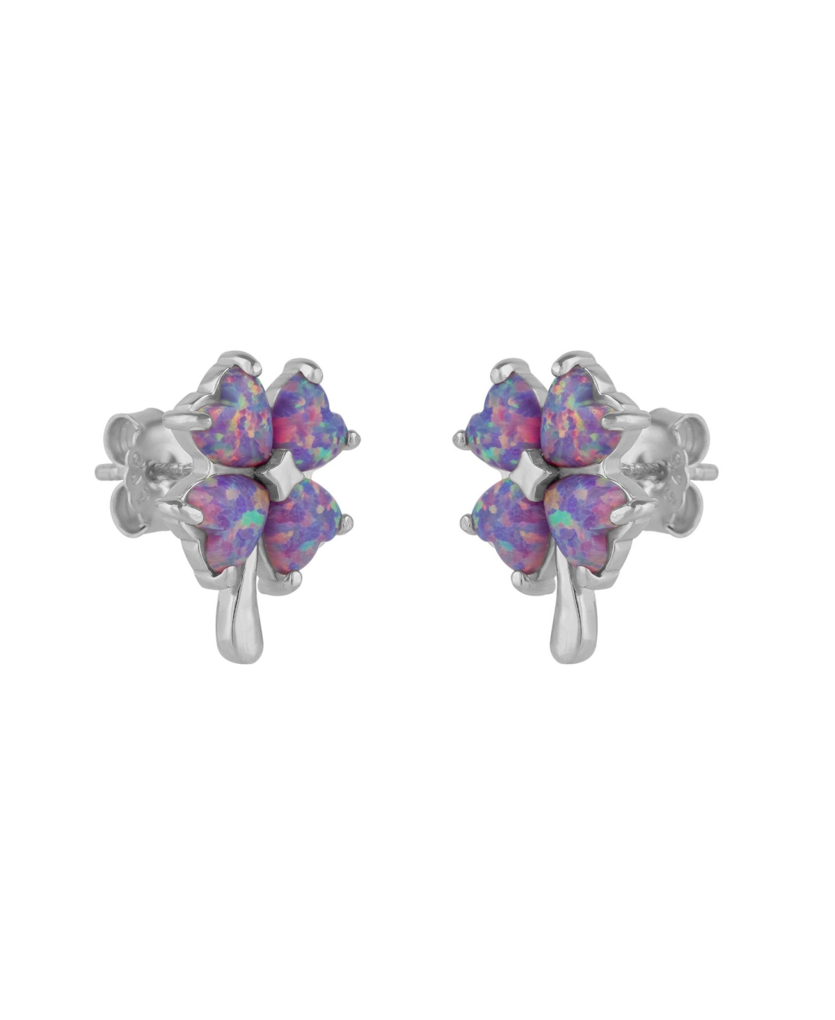 Pink Purple Opal Four Leaves Clover Sterling Silver Stud Earrings - Silver