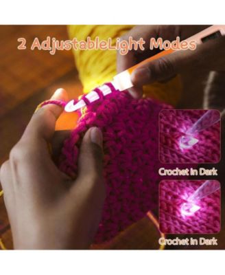 Rechargeable Lighted Crochet Hook Set with Stitch Counter, 18 Interchangeable Metal Heads, Ergonomic Handle – Gift for Knitters，Pink