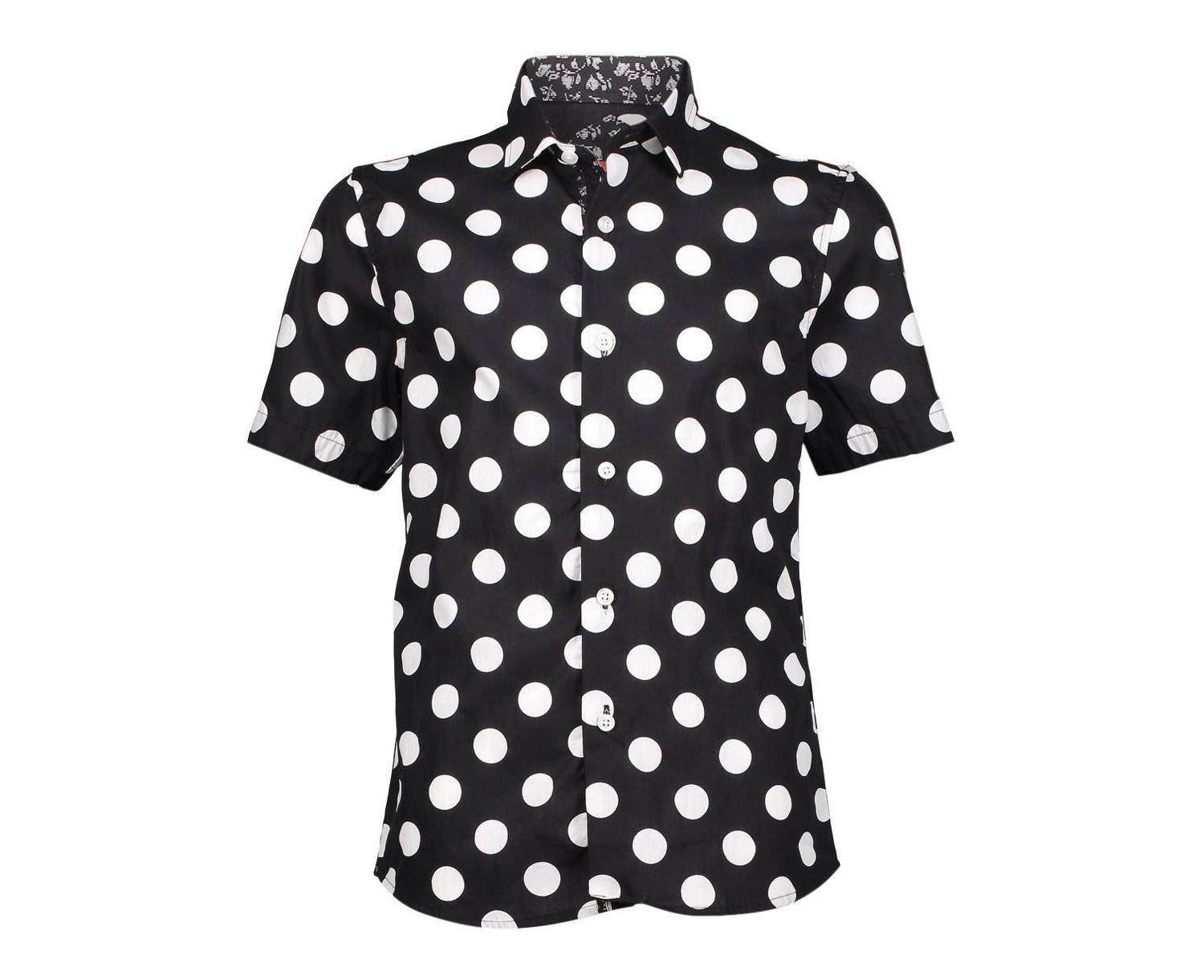 Big Boys Black Short Sleeve Navy Polka Dot Slim Fit Shirt