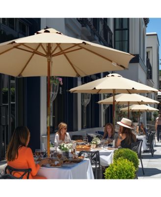 Boho 32 LED 9Ft Wood Market Patio Umbrella with Solar Lights for Bar Hotel Resort Alfresco Dining Rooftop Restauran Mocha