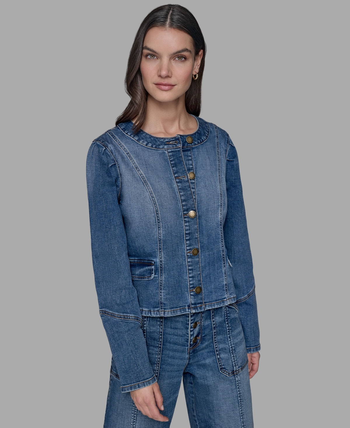 Karl Lagerfeld Petite Crewneck Button-front Denim Jacket In Blue