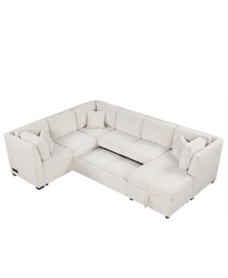 108" U-Shaped Sectional Sofa Bed with Storage Chaise, USB Ports & Power Sockets