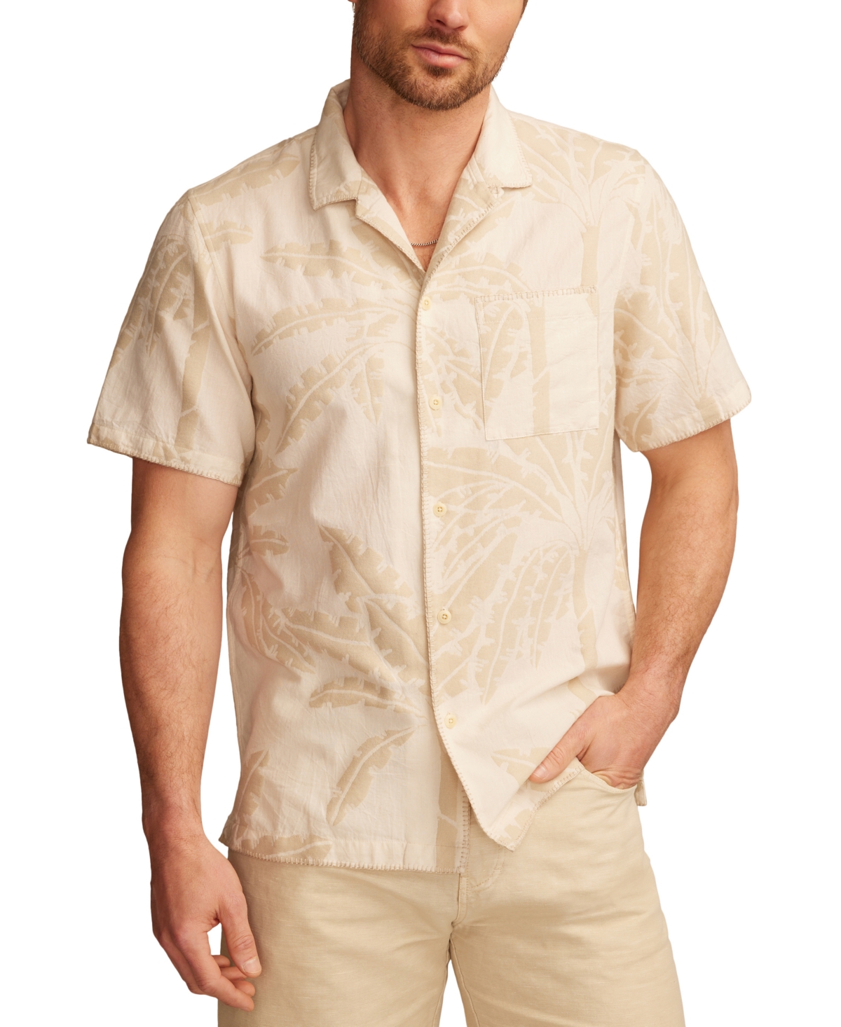 Men's Relaxed Fit Short Sleeve Palm Print Button-Front Camp Shirt - Cream Multi