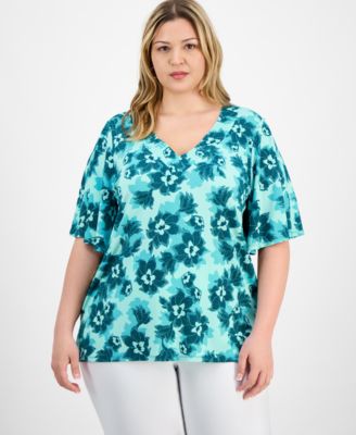 JM Collection - Plus Size Floral Flared-Sleeve V-Neck Top