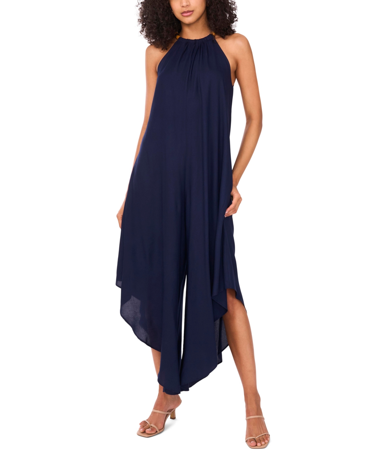 Women's Halter Beaded-Trim Asymmetrical-Hem Jumpsuit - Navy