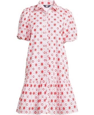 Women's Elbow Sleeve Eyelet Knee Length Shirt Dress