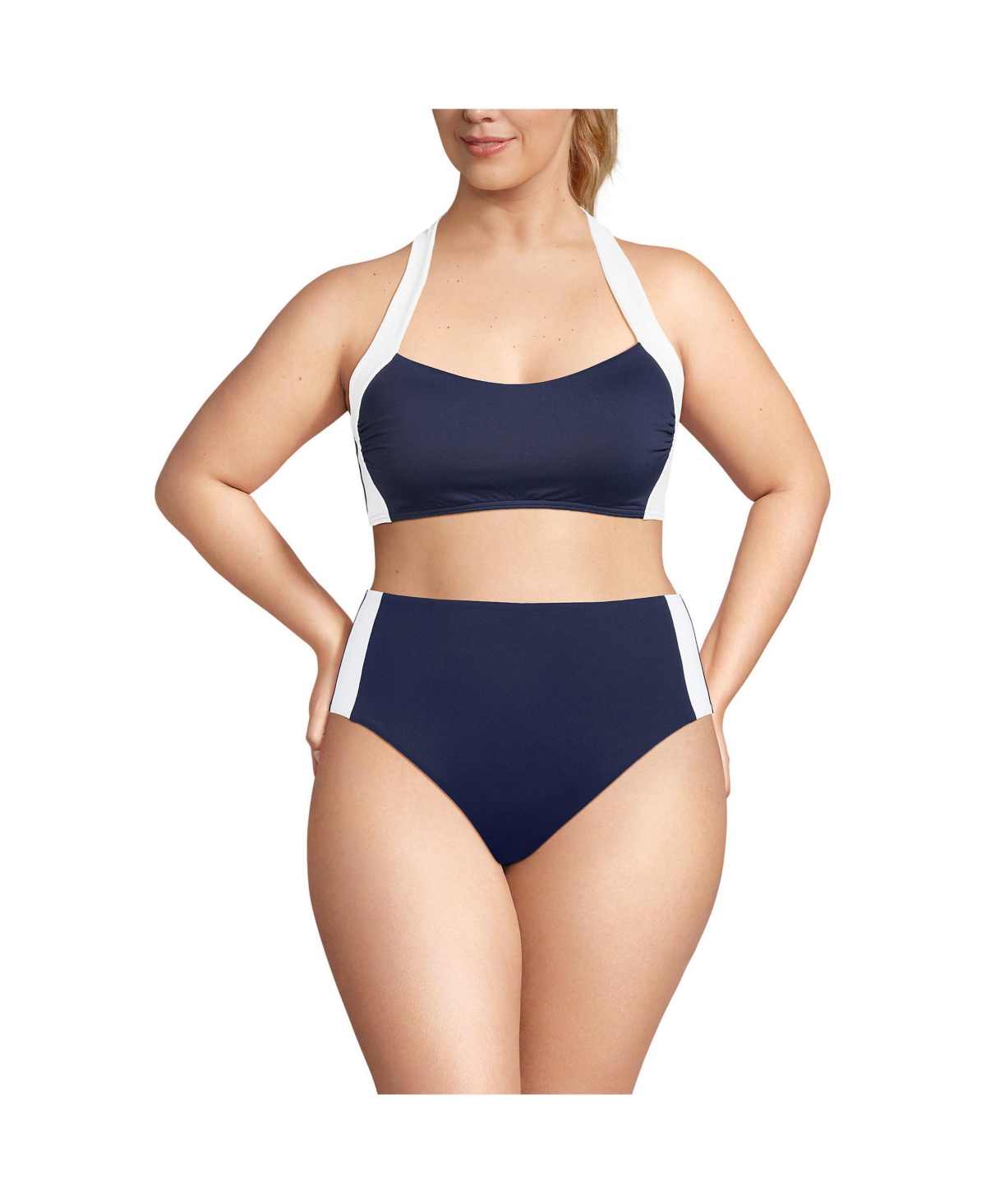 Plus Size Seamed Halter Bikini Top - Deep sea navy/white
