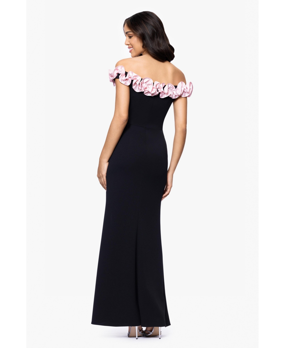 Blondie Nites Juniors' Off-the-shoulder Ruffled Evening Gown In Black