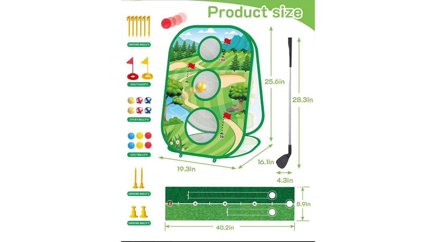 Детские игрушки TITQWOP 4-in-1 Sticky Golf Games Set with Putting Mat, Chipping Net & Cornhole Board, Ages 4+ — фото 7