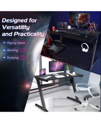 45.5 Gaming Desk, Z Shaped Racing Game Table with Carbon Fiber Surface, Mouse Mat, Headphone Hook, Cup Holder, Game Handle Rack, Ergonomic Home Office Computer Table Gamer Workstation