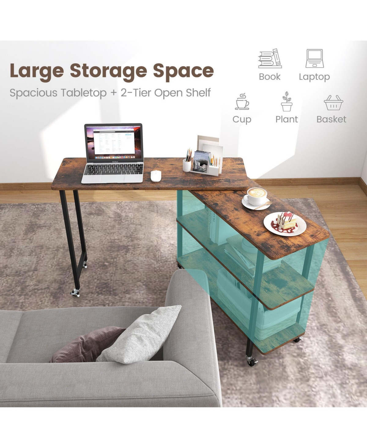 360° Rotating Sofa Side Table with 2-Tier Storage Shelves