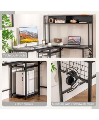 L-shaped Desk with Power Outlet Hutch