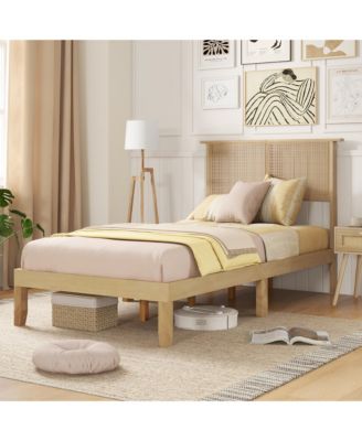 Twin Size Bed Frame w/ Rattan Headboard 10 Solid Wood Legs & 12 Wooden Slats