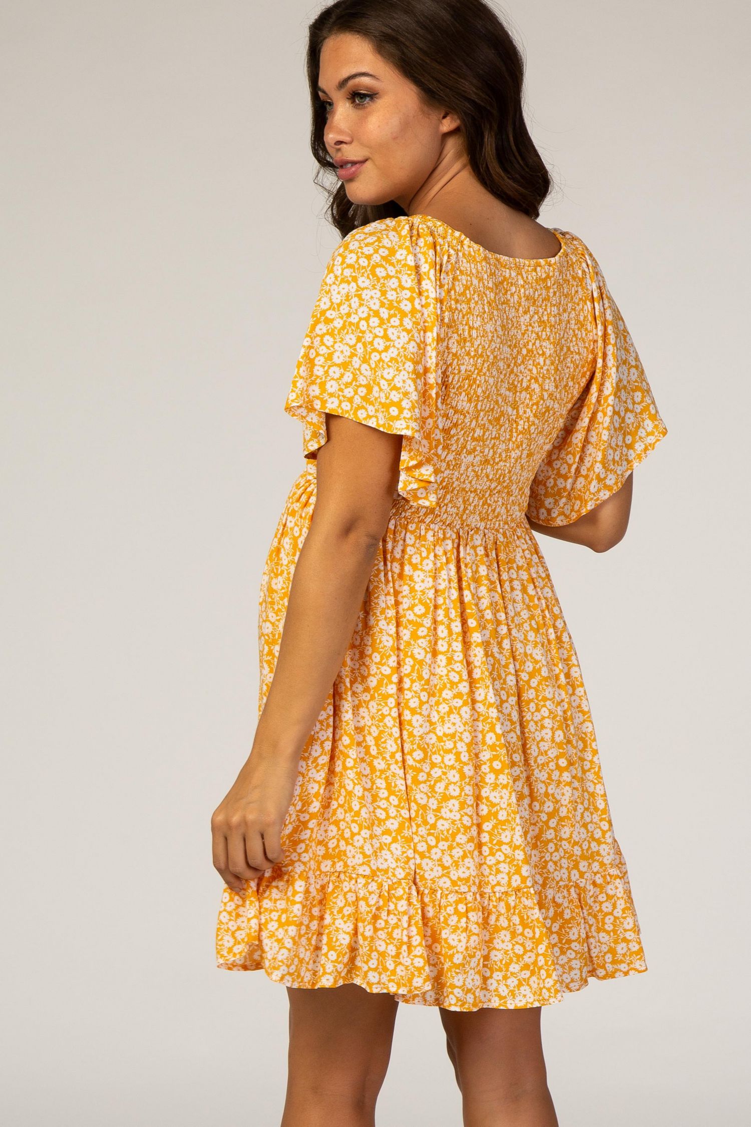 Women's Yellow Floral Smocked Ruffle Dress