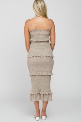 Maternity Taupe Leaf Print Smocked Fitted Midi Dress