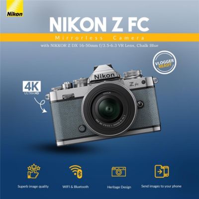 Z fc DX-Format Mirrorless Camera with NIKKOR Z DX 16-50mm f/3.5-6.3 VR Lens, Chalk Blue with Zoom-Mini TTL, Candisk PRO 64GB, Alpine 140,Screen