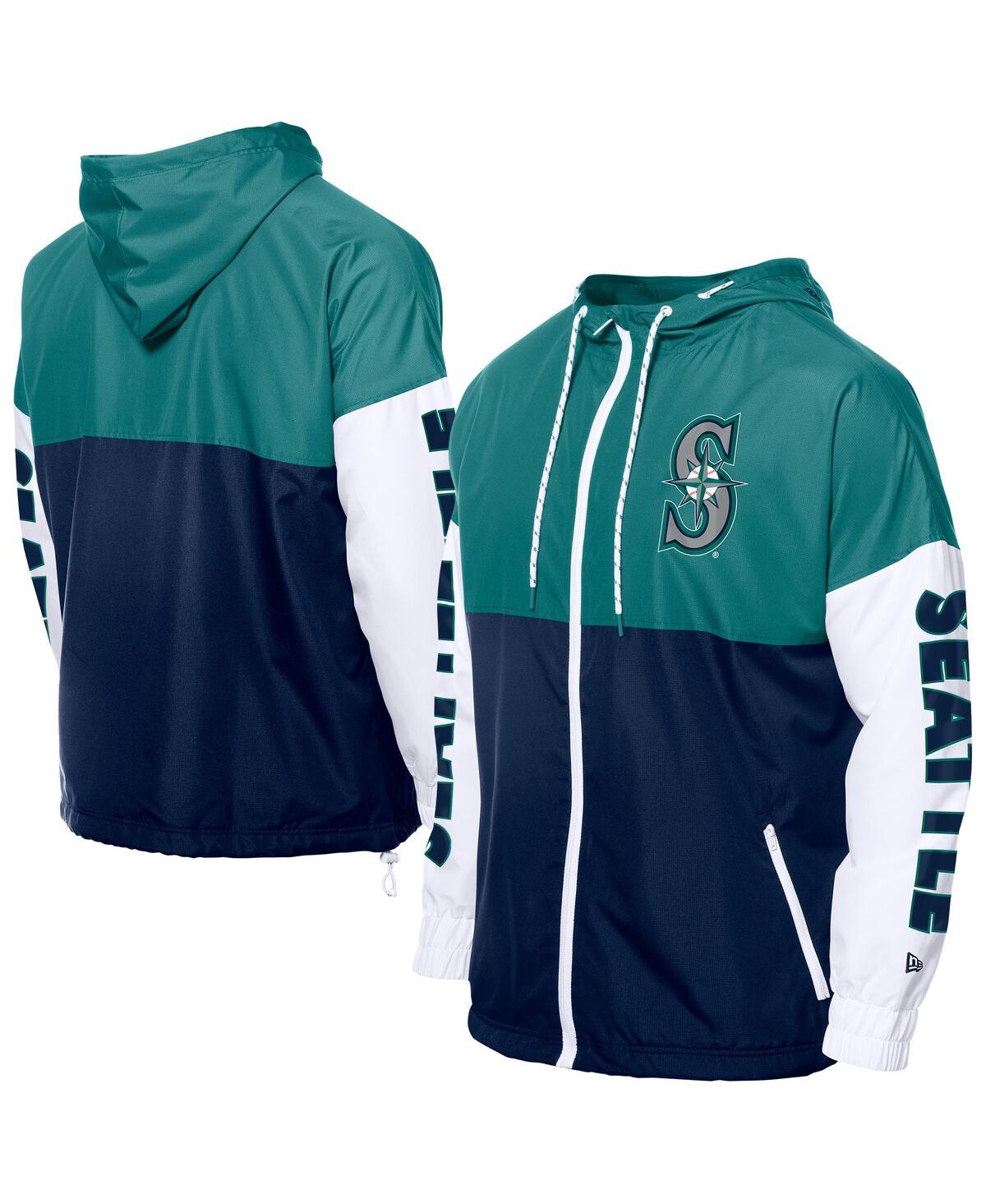 NEW ERA MEN'S NAVY/AQUA SEATTLE MARINERS COLOR BLOCK FULL-ZIP HOODIE WINDBREAKER JACKET 