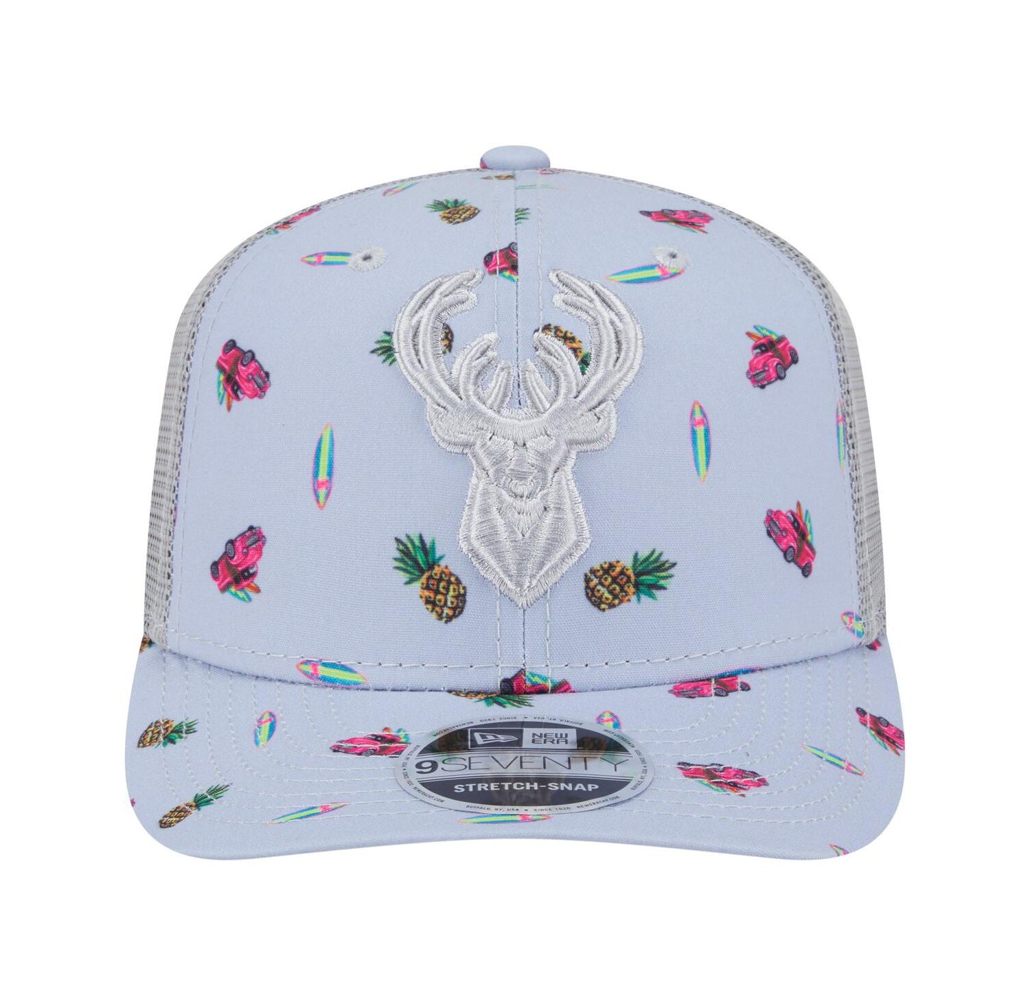Men's Light Blue/Gray Milwaukee Bucks Adventure Aloha Pattern 9SEVENTY Stretch-Snap Hat