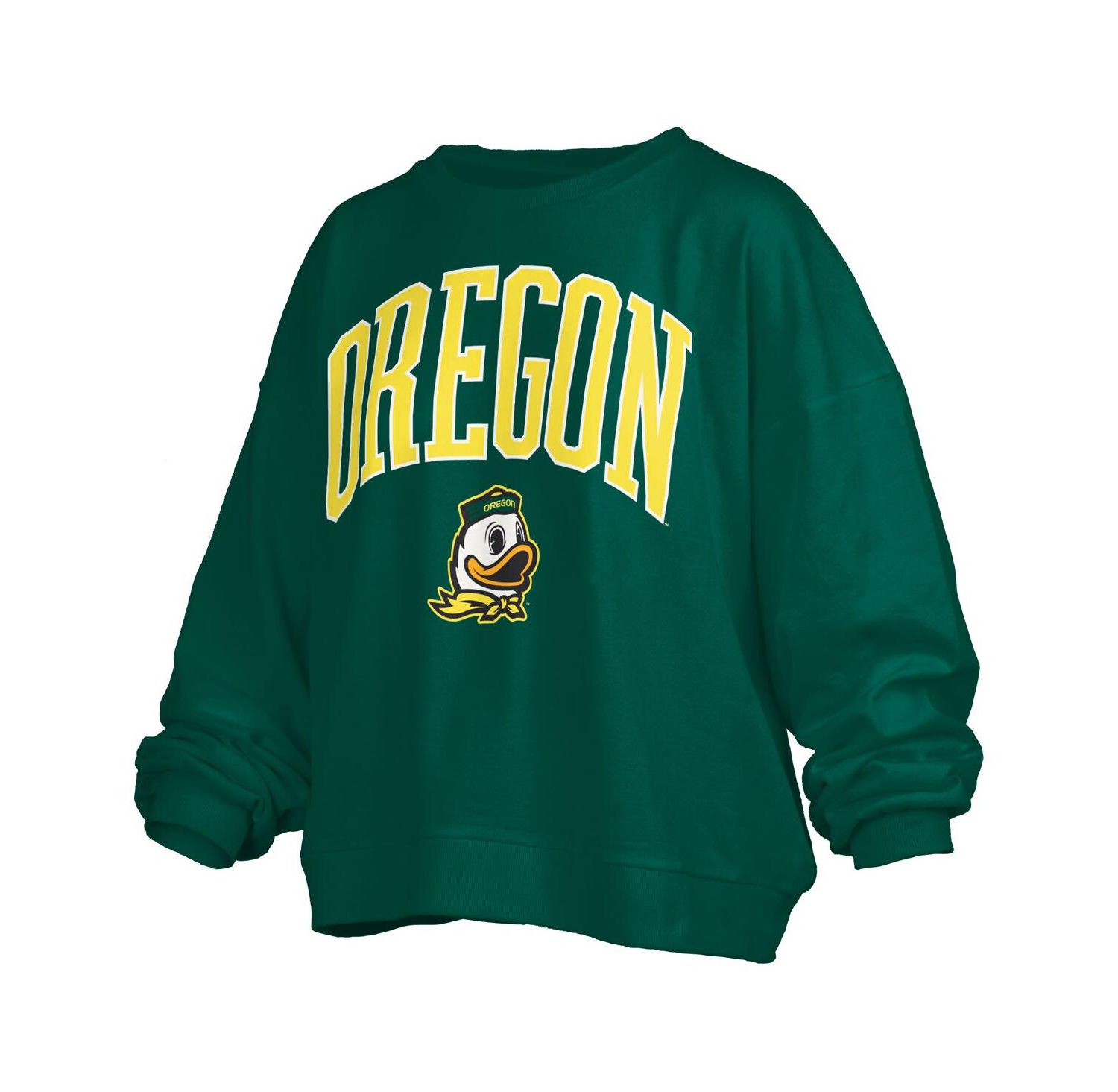 Women's Green Oregon Ducks Janise Arch Over Logo Waist Length Oversized Pullover Sweatshirt